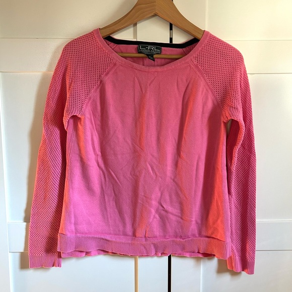 L-RL Lauren Active bubblegum pink, lattice-knit sleeve, pullover sweater, small - Picture 6 of 9